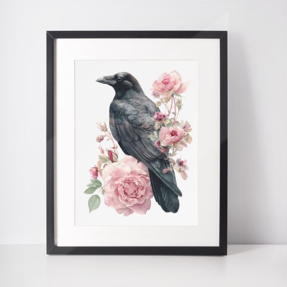 Watercolor Floral Black Crow Wall Art Print Unframed - Black Bird Illustration - Picture 3 of 6